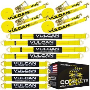 VULCAN Complete Axle Strap Tie Down Kit with Wire Hook Ratchet Straps - Classic Yellow - Includes (4) 22 Inch Axle Straps, (4) 36 Inch Axle Straps, and (4) 15' Wire J Hook Ratchet Straps