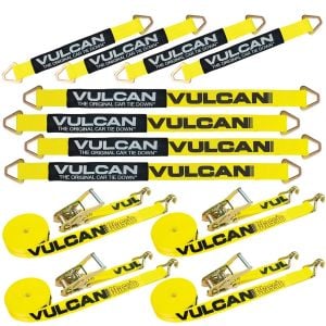 VULCAN Complete Axle Strap Tie Down Kit with Wire Hook Ratchet Straps - Classic Yellow - Includes (4) 22 Inch Axle Straps, (4) 36 Inch Axle Straps, and (4) 15' Wire J Hook Ratchet Straps