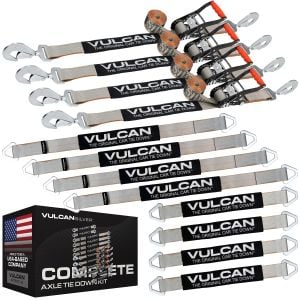 VULCAN Complete Axle Strap Tie Down Kit with Snap Hook Ratchet Straps - Silver Series - Includes (4) 22" Axle Straps, (4) 36" Axle Straps, and (4) 8' Snap Hook Ratchet Straps