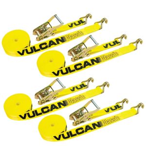 Scratch And Dent VULCAN Ratchet Straps with Wire J Hooks - 2 Inch x 15 Foot - 4 Pack - Classic Yellow - 3,300 Pound Safe Working Load