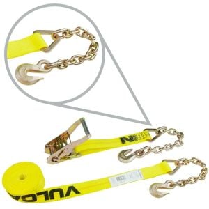 VULCAN Ratchet Strap with Chain Anchors - Classic Yellow - 2 Inch x 27 Foot - Case of 5 - 3,600 Pound Safe Working Load