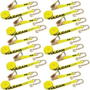 VULCAN Ratchet Strap with Chain Anchors - 2 Inch x 27 Foot, 10 Pack - Classic Yellow - 3,600 Pound Safe Working Load