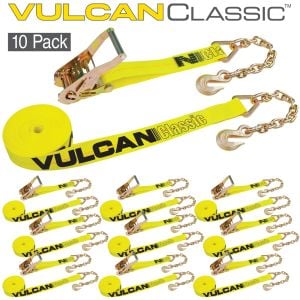 VULCAN Ratchet Strap with Chain Anchors - 2 Inch x 30 Foot, 10 Pack - Classic Yellow - 3,600 Pound Safe Working Load