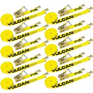 VULCAN Ratchet Strap with Wire Hooks - 2 Inch x 27 Foot, 10 Pack - Classic Yellow - 3,300 Pound Safe Working Load