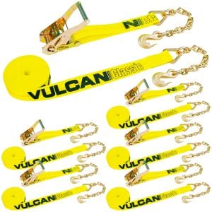 VULCAN Ratchet Strap with Chain Anchors - 2 Inch x 30 Foot, 6 Pack - Classic Yellow - 3,300 Pound Safe Working Load