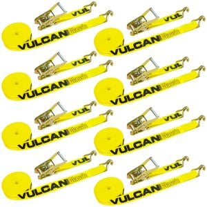 VULCAN Ratchet Strap with Wire Hooks 2 Inch x 30 Foot - 8 Pack - Classic Yellow - 3,300 Pound Safe Working Load
