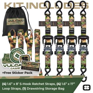 VULCAN Ratchet Strap Tie Down Kit - 1.6" x 8' - 3X Stronger Than 1" Tie Downs - Camouflage - (4) Ratchets With Rubber Handles, (4) 8' Straps With Latching S-Hooks, (4) Soft Loop Tie-Down Extensions