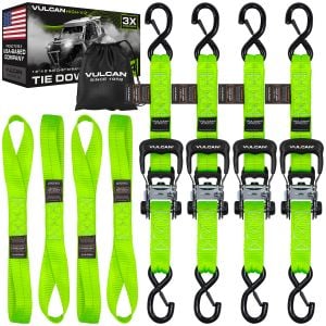VULCAN Ratchet Strap Tie Down Kit - 1.6" x 8' - 3X Stronger Than 1" Tie Downs - Green - (4) Ratchets With Rubber Handles, (4) 8' Straps With Latching S-Hooks, (4) Soft Loop Tie-Down Extensions