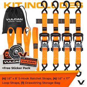 VULCAN Ratchet Strap Tie Down Kit - 1.6" x 8' - 3X Stronger Than 1" Tie Downs - Orange - (4) Ratchets With Rubber Handles, (4) 8' Straps With Latching S-Hooks, (4) Soft Loop Tie-Down Extensions