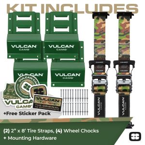 VULCAN Professional Grade Car, ATV, UTV, Off Road E-Track Tie Down Straps With Wheel Chocks – Over-The-Tire Style - 2 Inch x 96 Inch - 2 Pack – Camouflage Webbing – 1,500 Pound Safe Working Load – Includes Mounting Hardware – Easy To Use