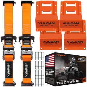 VULCAN Professional Grade Car, ATV, UTV, Off Road E-Track Tie Down Straps With Wheel Chocks – Over-The-Tire Style - 2 Inch x 96 Inch - 2 Pack – Bright Orange Webbing – 1,500 Pound Safe Working Load – Includes Mounting Hardware – Easy To Use
