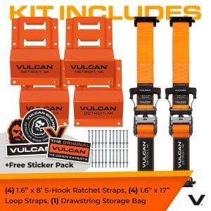 VULCAN Professional Grade Car, ATV, UTV, Off Road E-Track Tie Down Straps With Wheel Chocks – Over-The-Tire Style - 2 Inch x 96 Inch - 2 Pack – Bright Orange Webbing – 1,500 Pound Safe Working Load – Includes Mounting Hardware – Easy To Use