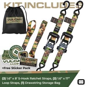 VULCAN Ratchet Strap Tie Down Kit - 1.6" x 8' - 3X Stronger Than 1" Tie Downs - Camouflage - (2) Ratchets With Rubber Handles, (2) 8' Straps With Latching S-Hooks, (2) Soft Loop Tie-Down Extensions
