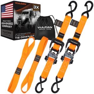VULCAN Ratchet Strap Tie Down Kit - 1.6" x 8' - 3X Stronger Than 1" Tie Downs - Orange - (2) Ratchets With Rubber Handles, (2) 8' Straps With Latching S-Hooks, (2) Soft Loop Tie-Down Extensions