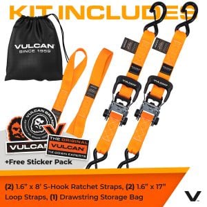 VULCAN Ratchet Strap Tie Down Kit - 1.6" x 8' - 3X Stronger Than 1" Tie Downs - Orange - (2) Ratchets With Rubber Handles, (2) 8' Straps With Latching S-Hooks, (2) Soft Loop Tie-Down Extensions