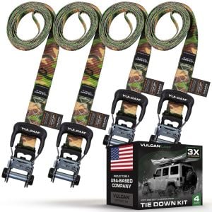 VULCAN Lashing Strap Tie Down Kit - 3X Stronger Than 1" Tie Downs - Camouflage - (4) Ratchets With Rubber Handles, (2) 1.6" x 10' Straps, (2) 1.6" x 20' Straps - For Any Load - Ideal For Tree Stands