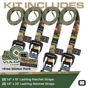 VULCAN Lashing Strap Tie Down Kit - 3X Stronger Than 1" Tie Downs - Camouflage - (4) Ratchets With Rubber Handles, (2) 1.6" x 10' Straps, (2) 1.6" x 20' Straps - For Any Load - Ideal For Tree Stands