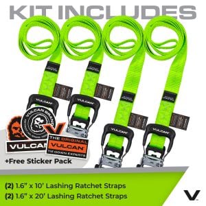 VULCAN Lashing Strap Tie Down Kit - 3X Stronger Than 1" Tie Downs - Green - (4) Ratchets With Rubber Handles, (2) 1.6" x 10' Straps, (2) 1.6" x 20' Straps - For Any Load - Ideal For Tree Stands