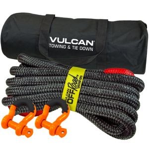 VULCAN Off-Road Double Braided Recovery Rope Kit with 7/8 Inch x 30 Foot Rope - Two Shackles and Vented Storage Bag - 28,600 Lbs. Breaking Strength - Red - Black
