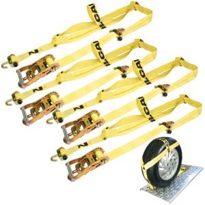 VULCAN Autohauler Car Tie Down System with Rolling Idler - Basket Style - 4 Pack - Classic Yellow - 3,300 Pound Safe Working Load