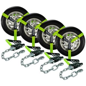 VULCAN Car Tie Down with Chain Anchors - Lasso Style - 2 Inch x 96 Inch - 4 Pack - High-Viz - 3,300 Pound Safe Working Load