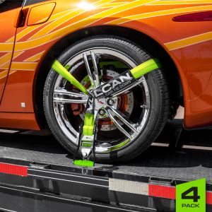 VULCAN Car Tie Down with Chain Anchors - Lasso Style - 2 Inch x 96 Inch - 4 Pack - High-Viz - 3,300 Pound Safe Working Load