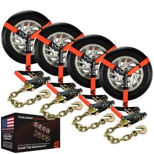 VULCAN Car Tie Down with Chain Anchors - Lasso Style - 2 Inch x 96 Inch - 4 Pack - PROSeries - 3,300 Pound Safe Working Load