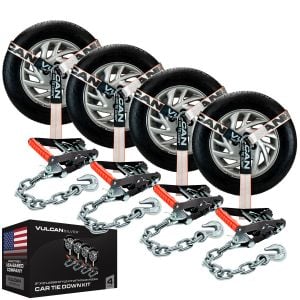 VULCAN Car Tie Down with Chain Anchors - Lasso Style - 2 Inch x 96 Inch - 4 Pack - Silver Series - 3,300 Pound Safe Working Load