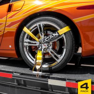 VULCAN Car Tie Down with Chain Anchors - Lasso Style - 2 Inch x 96 Inch - 4 Pack - Classic Yellow - 3,300 Pound Safe Working Load