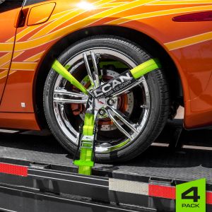 VULCAN Car Tie Down with Flat Hooks - Lasso Style - 2 Inch x 96 Inch - 4 Pack - High-Viz - 3,300 Pound Safe Working Load