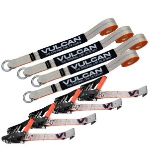 VULCAN Car Tie Down with Flat Hooks - Lasso Style - 2 Inch x 96 Inch, 4 Pack - Silver Series - 3,300 Pound Safe Working Load
