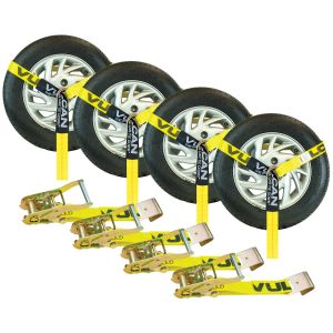 VULCAN Car Tie Down with Flat Hooks - Lasso Style - 2 Inch x 96 Inch, 4 Pack - Classic Yellow - 3,300 Pound Safe Working Load