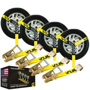 VULCAN Car Tie Down with Flat Hooks - Lasso Style - 2 Inch x 96 Inch - 4 Pack - Classic Yellow - 3,300 Pound Safe Working Load
