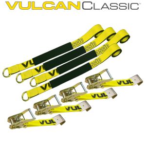 VULCAN Car Tie Down with Flat Hooks - Lasso Style - 2 Inch x 96 Inch, 4 Pack - Classic Yellow - 3,300 Pound Safe Working Load
