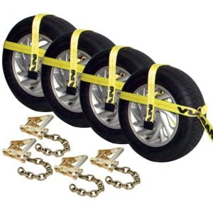 VULCAN Car Tie Down with Adjustable Loop - Chain Ratchet - 4 Pack - Classic Yellow - 3,300 Pound Safe Working Load
