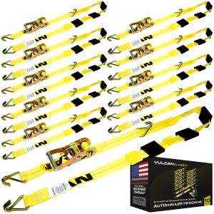 VULCAN Autohauler Car Tie Down with J Hooks - Sliding Idler 3-Cleat - 120 Inch - 10 Pack - Classic Yellow - 1,600 Pound Safe Working Load