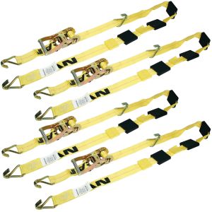 Scratch And Dent VULCAN Autohauler Car Tie Down with J Hooks - Sliding Idler 3-Cleat - 120 Inch, 4 Pack - Classic Yellow - 1,600 Pound Safe Working Load