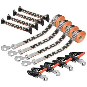 VULCAN 8-Point Roll Back Vehicle Tie Down Kit with Snap Hooks on Both Ends - Set of 4 - Silver Series
