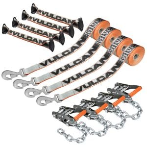 VULCAN 8-Point Roll Back Vehicle Tie Down Kit with Snap Hook on Strap Ends and Chain Tail on Ratchet Ends - Set of 4 - Silver Series