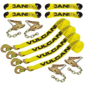 VULCAN 8-Point Roll Back Vehicle Tie Down Kit with Snap Hook On Strap Ends and Chain Tail On Ratchet Ends, Set of 4 - Classic Yellow