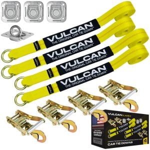 VULCAN Exotic Car Rim Tie Down Set with Flush Mount Pan Fittings - 2 Inch x 144 Inch - 4 Straps - Classic Yellow - 3,300 Pound Safe Working Load