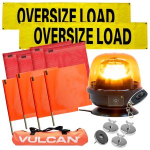 VULCAN Pilot Car Kit - Includes 2 Solid Oversized Load Banners, 1 Magnetic Amber Remote-Control LED Beacon, 8 Magnets, 4 Red Flags, and 4 Orange Flags