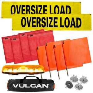 VULCAN Pilot Car Kit - Includes 2 Solid Oversized Load Banners, 1 Magnetic Amber LED Mini Light Bar, 8 Magnets, 4 Red Flags, and 4 Orange Flags