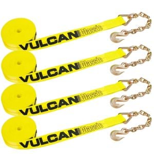 VULCAN Winch Strap with Chain Anchor - 2 Inch x 27 Foot - 4 Pack - Classic Yellow - 3,600 Pound Safe Working Load