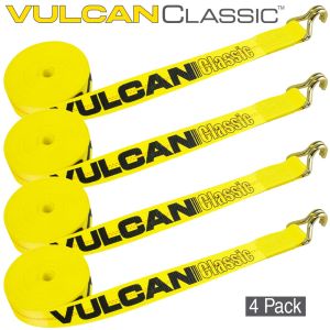 VULCAN Winch Strap with Wire Hook - 2 Inch x 30 Foot, 4 Pack - Classic Yellow - 3,300 Pound Safe Working Load