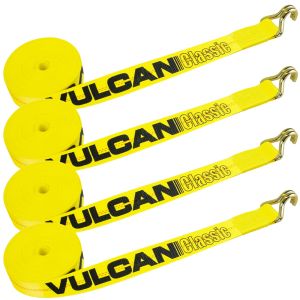 VULCAN Winch Strap with Wire Hook - 2 Inch x 30 Foot - 4 Pack - Classic Yellow - 3,300 Pound Safe Working Load