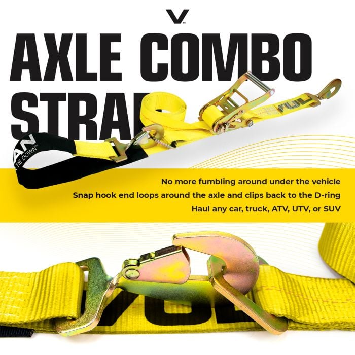 Vulcan Ultimate Axle Tie Down Kit - Classic Yellow - Includes (2) 22 inch Axle Straps, (2) 36 inch Axle Straps, (2) 96 inch Snap Hook Ratchet Straps