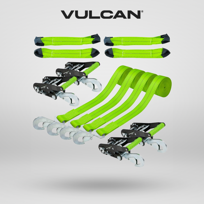 Vulcan 8-Point Vehicle Tie Down Kit with Snap Hooks On Both Ends - Set of 4 - Reflective High-Viz