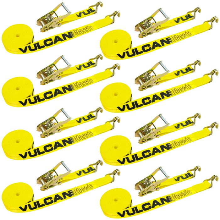 VULCAN Ratchet Strap with Wire Hooks 2 Inch x 30 Foot - 8 Pack - Classic  Yellow - 3,300 Pound Safe Working Load