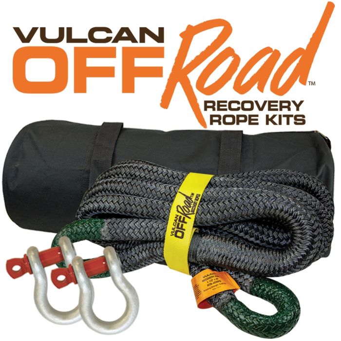 Vulcan Off-Road Double Braided Recovery Rope Kit with 1-1/2 inch x 30 Foot Rope - Two Shackles and Vented Storage Bag - 74,000 Pound Breaking Strength